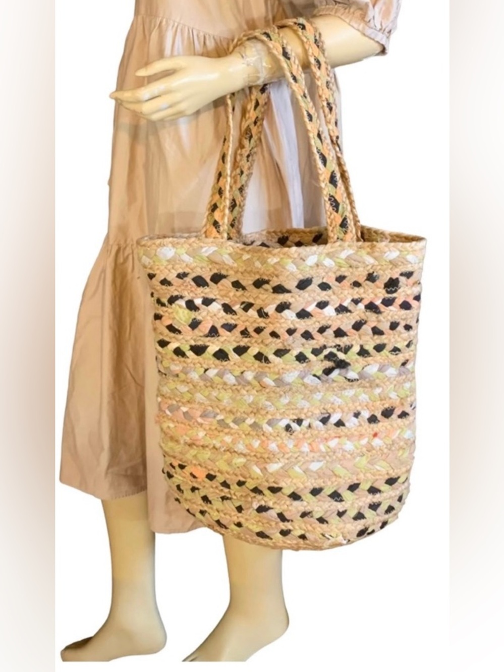 MAGID NY ECO-FRIENDLY JUTE & COTTON WOVEN BEIGE & BLACK LARGE TOTE BAG